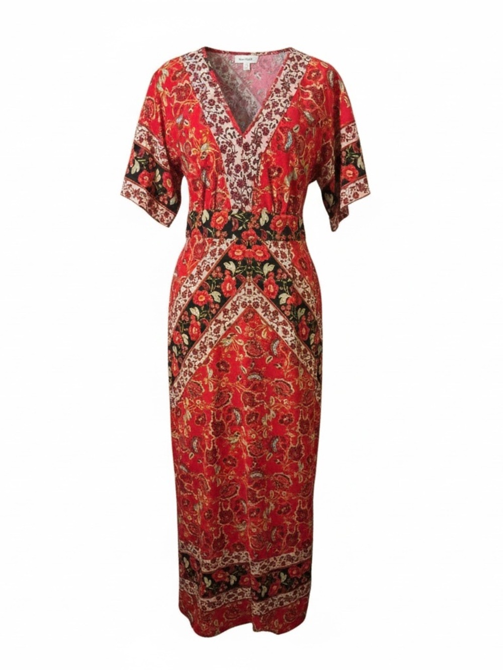 Xhilaration Red Floral V-Neck Maxi Dress with Black Border Accents